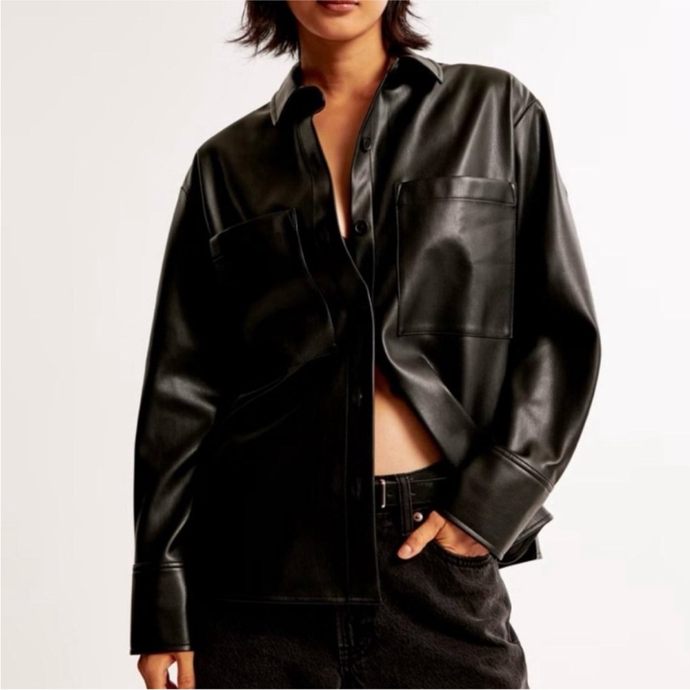 Abercrombie Oversized Vegan Leather Shirt Jacket in Black